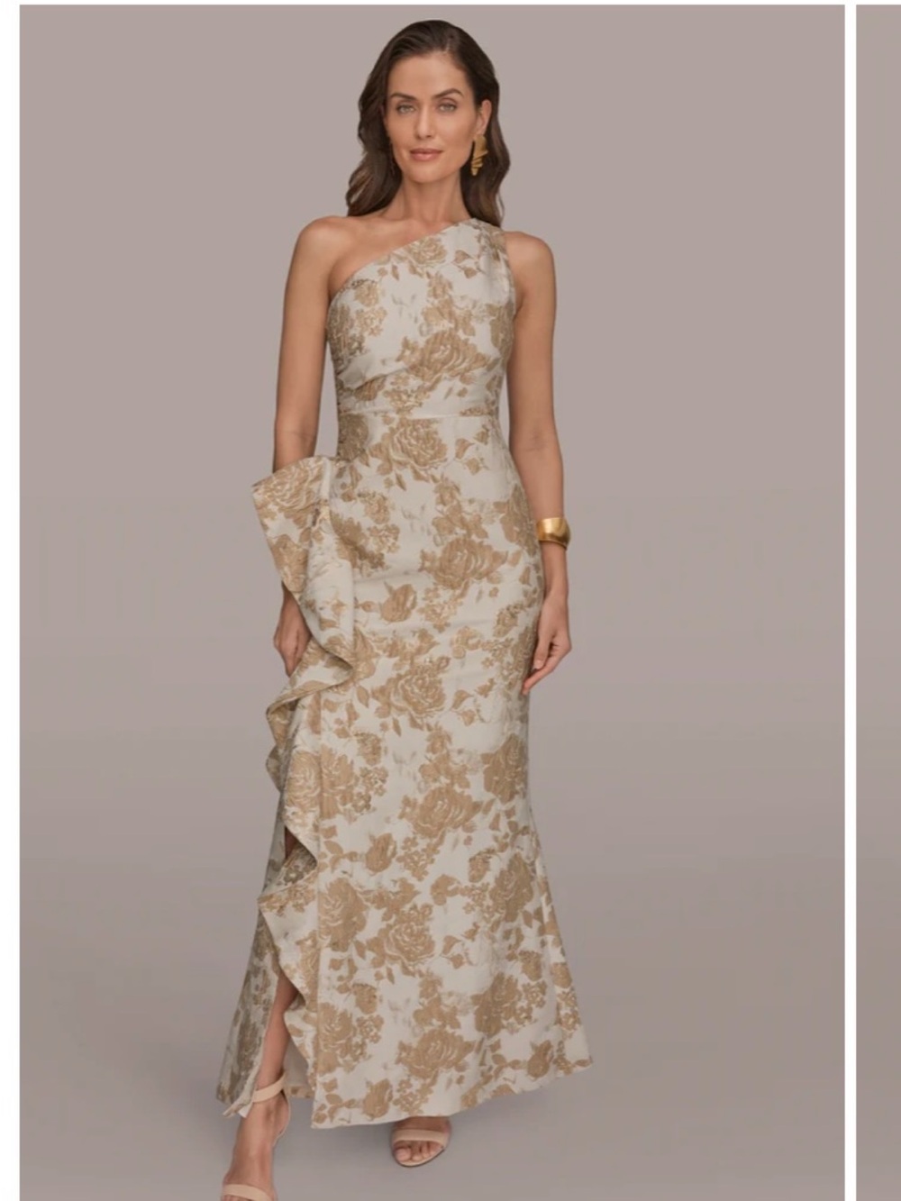 One-Shoulder Gold Floral brocade Evening Dress